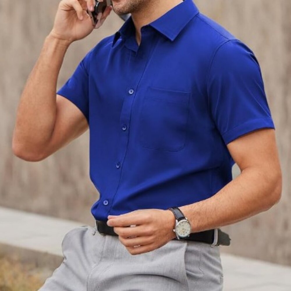 Grant Thomas short sleeve button up shirt navy blue men's size L